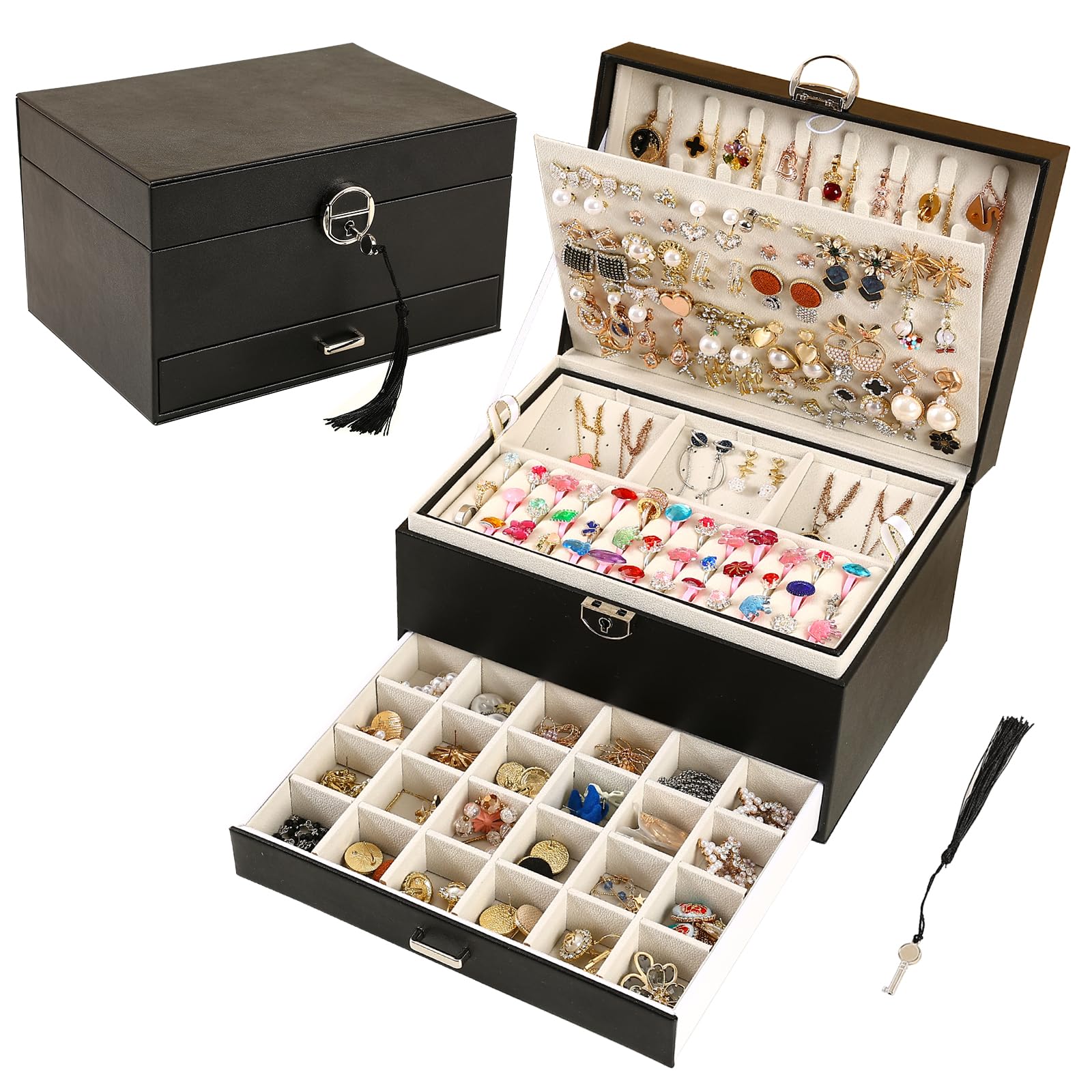 5-Layer Jewelry Organizer Box for Women - Large Jewelry Storage Holder for Necklaces, Bracelets, Earrings & Rings - Perfect for Bedroom Vanity, Travel & Gift Giving (Black)