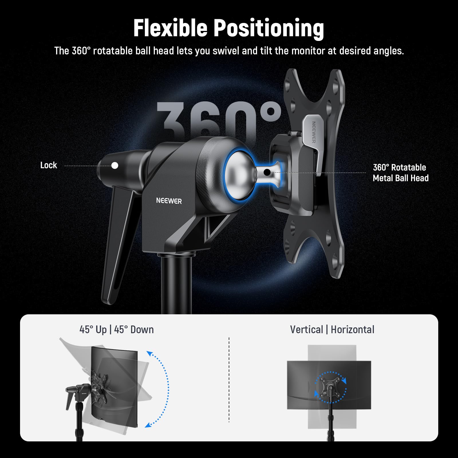 NEEWER VESA Monitor Mount Adapter with Arca Quick Release, 360° Rotatable Ball Head - M4 Screw & 5/8