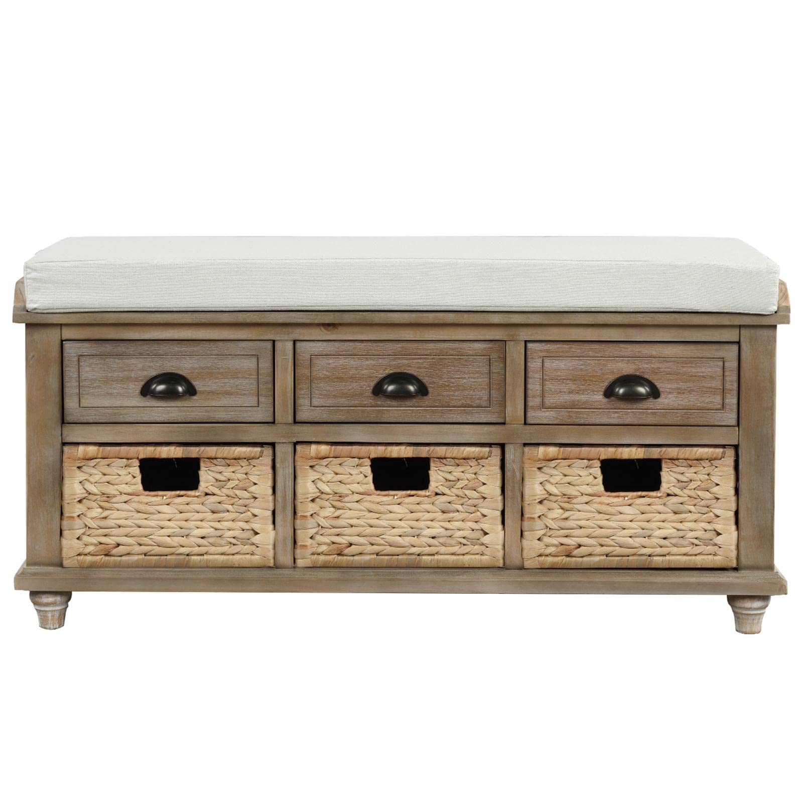 Rustic Storage Bench with Rattan Baskets & Cushion - Wooden Entryway Shoe Bench, Footrest Ottoman for Living Room, Bedroom, and Hallway Organization