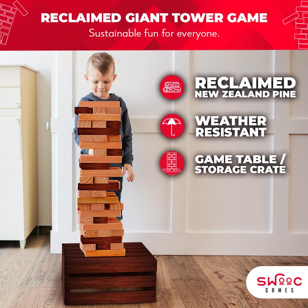 SWOOC Games - Reclaimed Giant Tower (Weather Resistant) 60 Blocks + Storage Crate | Outdoor Stacking Game for Adults & Families | Perfect for Backyard, Beach, and Camping Fun | Builds up to 5ft Tall