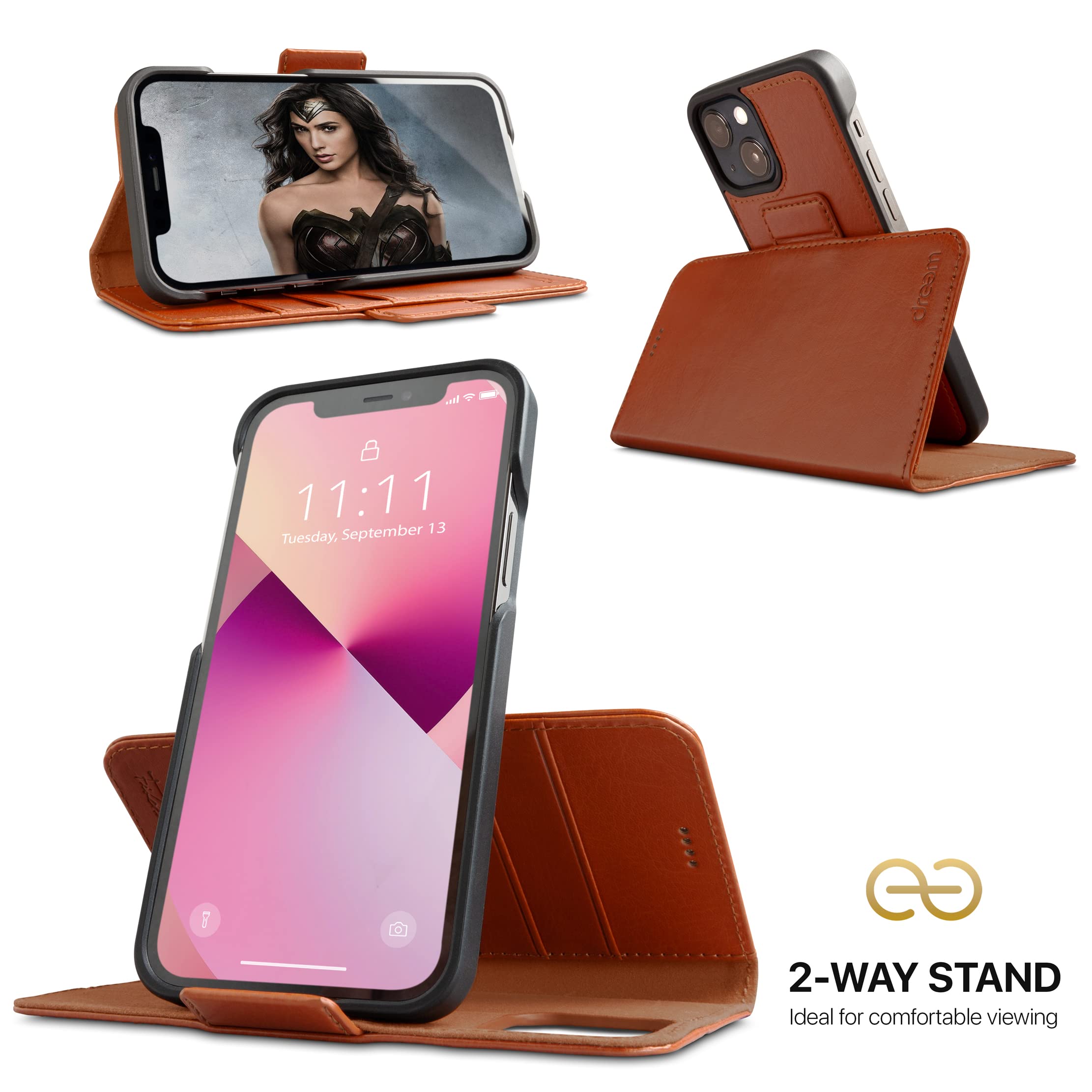 Dreem Fibonacci Vegan Leather Wallet Case for iPhone 13 - 2-in-1 Detachable Magnetic Cover with Built-in Kickstand & RFID Blocking Card Holder | MagSafe Compatible | Caramel Brown | Perfect for Work, Travel & Everyday Use