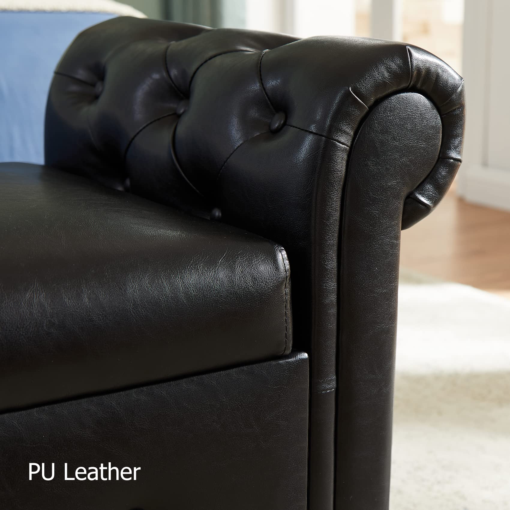 Aoowow Black PU Leather Storage Bench with Rolled Arms - Ottoman Seat for Bedroom, End of Bed, Window Sitting, Fireplace, Toy Storage | Durable & Stylish Home Decor