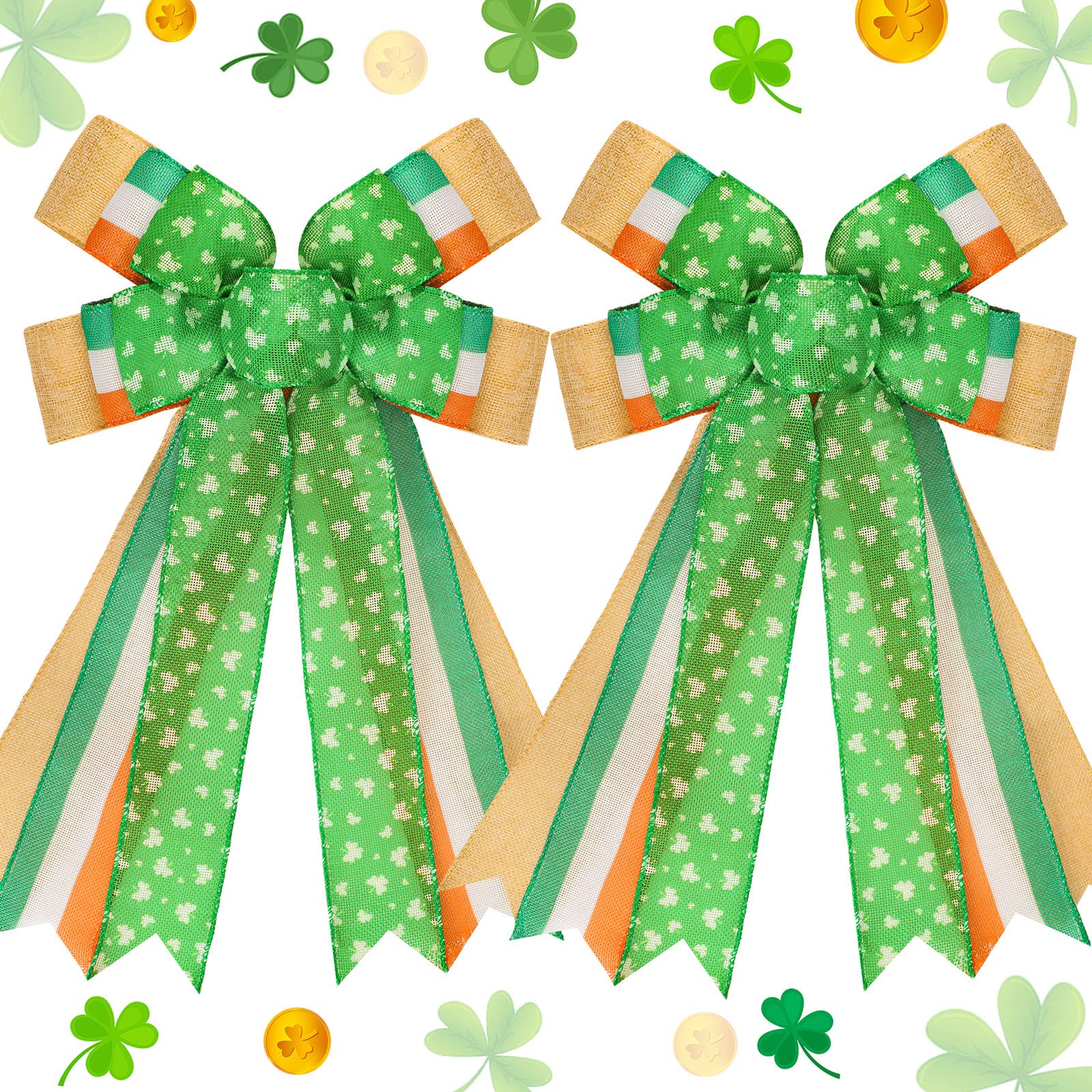 St. Patrick's Day Wreath Bow 2 Pack - Large 12x20 Inch Irish Shamrock Clover Bowknot for Holiday Decorations | Front Door Wreath Bows, Wall & Tree Ornaments | Perfect for St. Patrick's Day Party, Home & Office Decor
