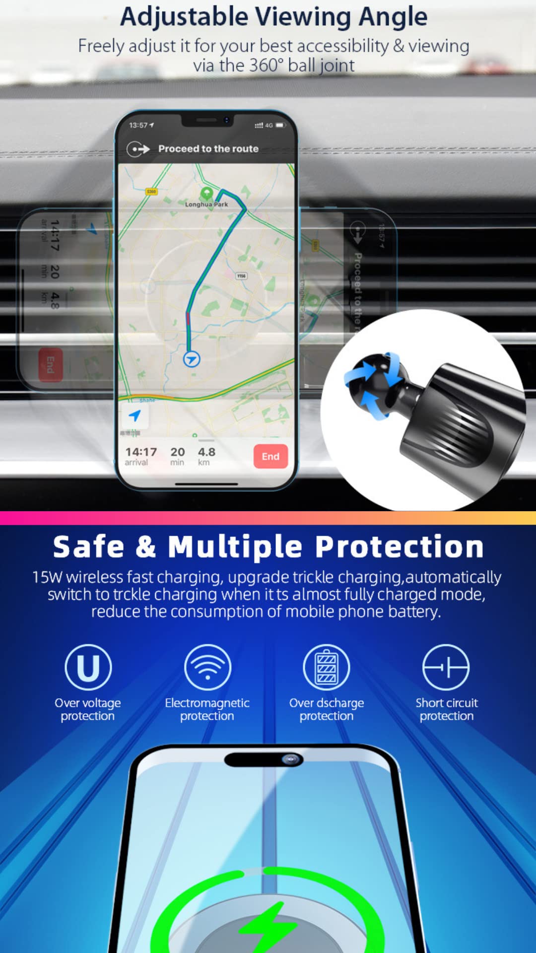 15W Magnetic Car Phone Mount Wireless Charger - Fast Charging Compatible with iPhone, Samsung, Huawei - 360° Adjustable Vent Mount for Safe Driving & Hands-Free Navigation