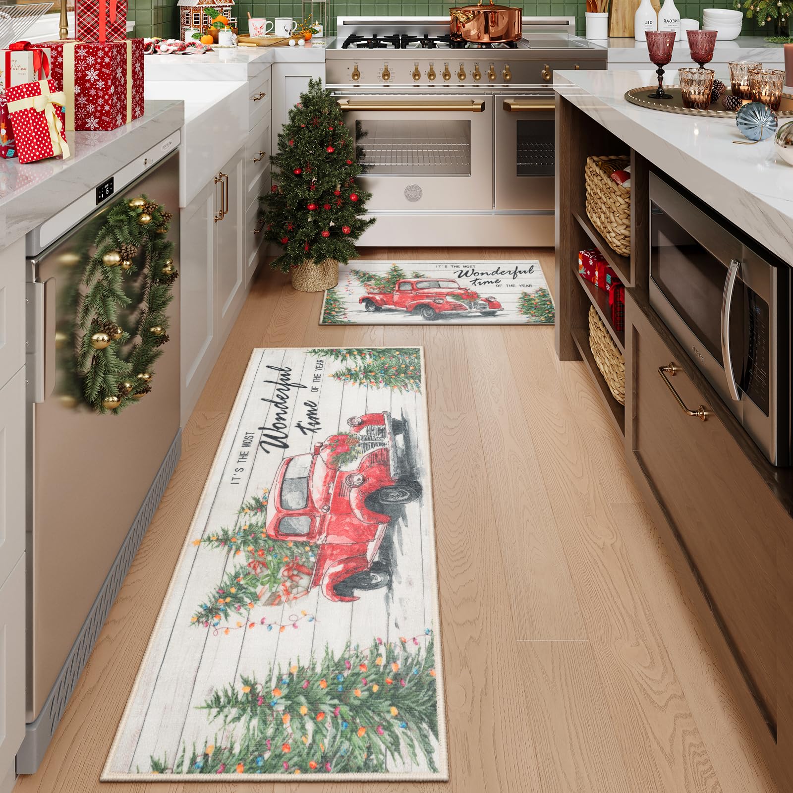 LEEVAN Christmas Kitchen Mat Set of 2 - Non-Slip Cushioned Holiday Rugs with Christmas Tree Truck Design, Washable Anti-Fatigue Floor Mats for Winter - Perfect for Kitchen, Entryway, and Holiday Decor