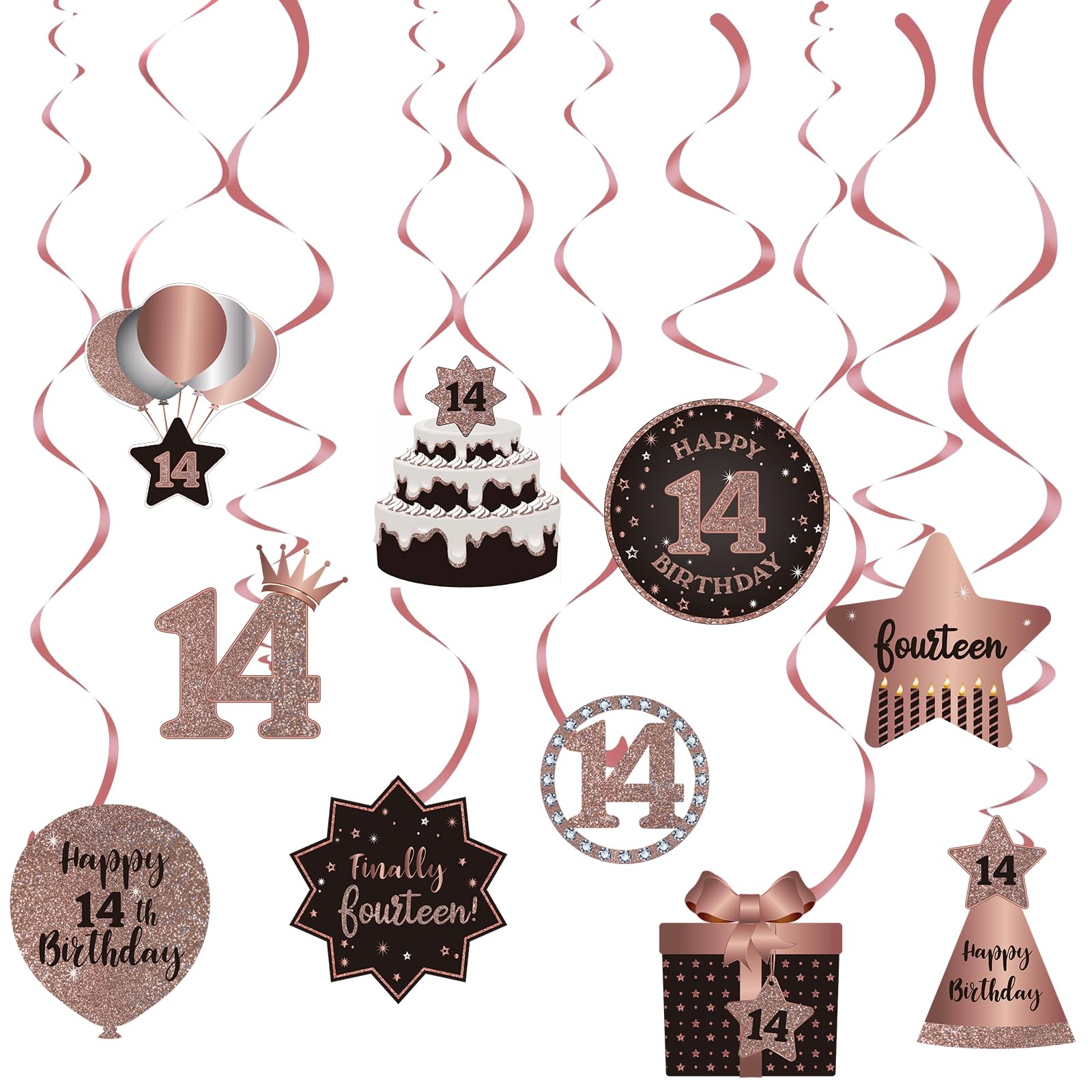 14th Birthday Party Decorations - Rose Gold Hanging Swirls & Streamers with Cutouts for Ceiling | 14 Years Old Celebration Supplies | Perfect for Teen Birthday Parties, Sweet 16 Decorations & Milestone Events