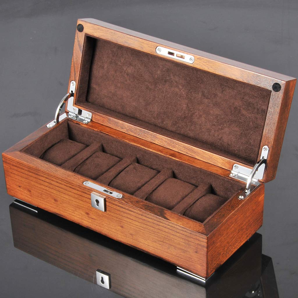 5 Grid Jewelry Display Box for Watches & Bracelets - Brown Organizer with Pillows & Clasp for Retail Stores