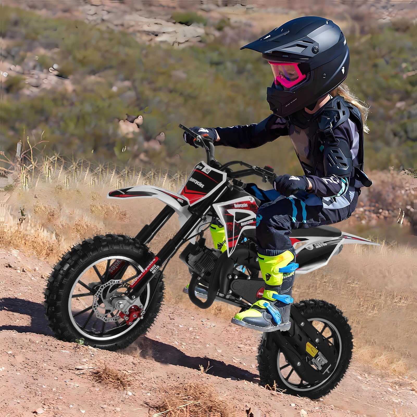50CC 2-Stroke Gas Powered Kids Dirt Bike - Off-Road Mini Motorcycle with Front & Rear Disc Brakes for Boys & Girls - Up to 25 MPH, 330 LBS Weight Capacity - Perfect for Backyard Riding, Trail Adventures & Motocross Training