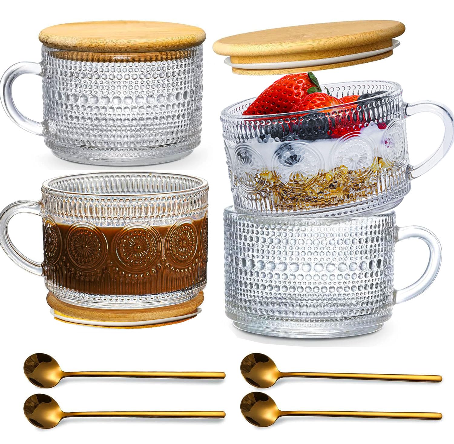 Vintage Coffee Mugs Set of 4 - 14oz Ceramic Cups with Lids for Overnight Oats & Hot Beverages - Perfect for Coffee, Tea, Kitchen Use & Housewarming Gifts - Ideal for Home, Office, and Coffee Bar Accessories