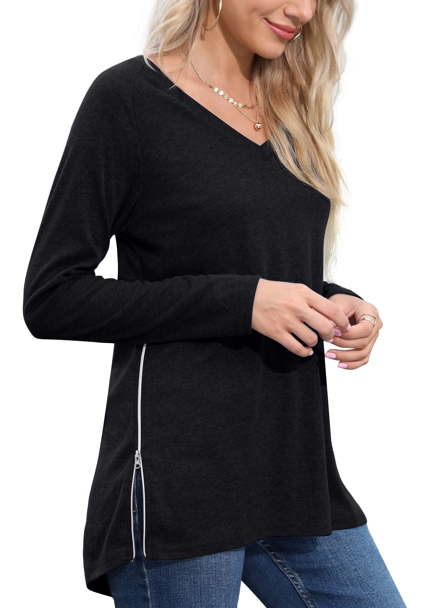 PrinStory Women's V-Neck Split Blouse with Side Zipper - Casual Long Sleeve Tops for Daily Wear