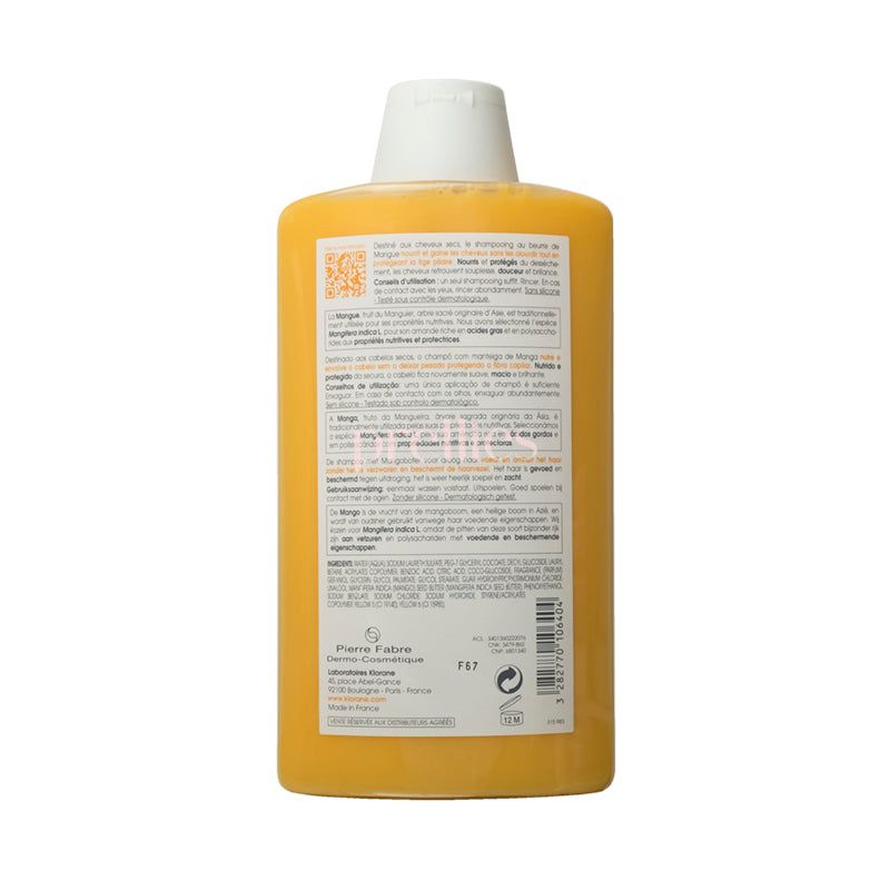 KLORANE Nourishing & Hydrating Shampoo with Mango Butter for Dry & Damaged Hair - 400ml Moisturizing Treatment - Sulfate Free & Vegan Hair Care - Perfect for Daily Use & Color Treated Hair (Yellow, 140941)