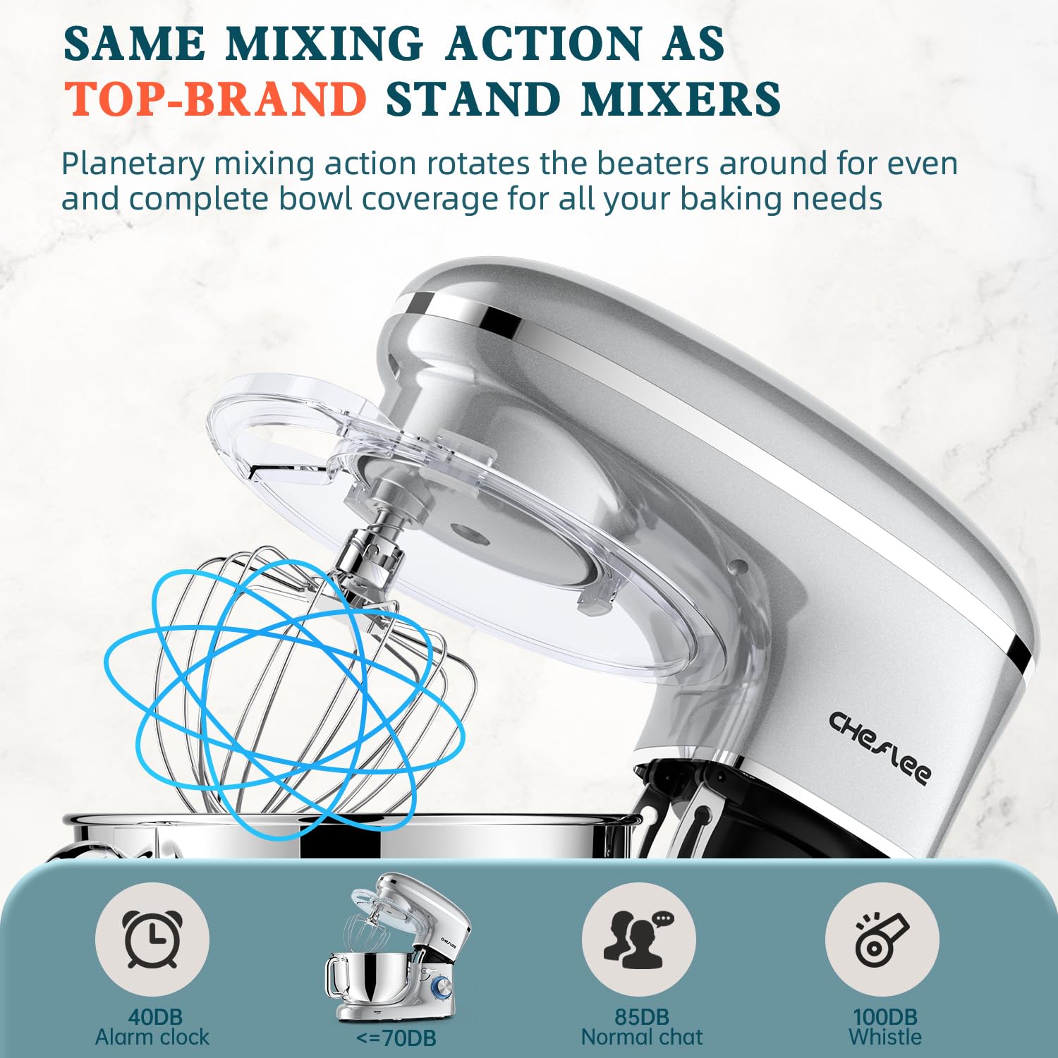 600W Stand Mixer by CHeflee - 6.5QT Stainless Steel Bowl with Dough Hook, Wire Whip & Beater - Powerful 6-Speed Kitchen Mixer for Baking, Whipping & Kneading - Perfect for Cakes, Cookies, Bread & Pizza Dough - Silver