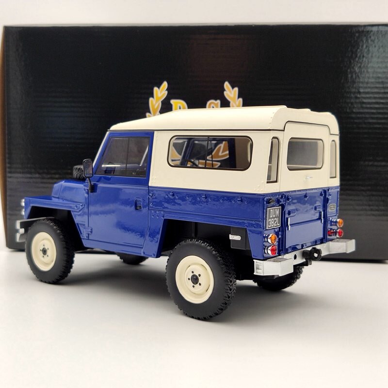 BOS 1/18 Scale Land Rover Series III 1973 Blue & White Resin Model Car - Collectible Diecast Vehicle for Adults, Gift for Car Enthusiasts - Perfect for Display, Home Decor, and Toy Car Collections