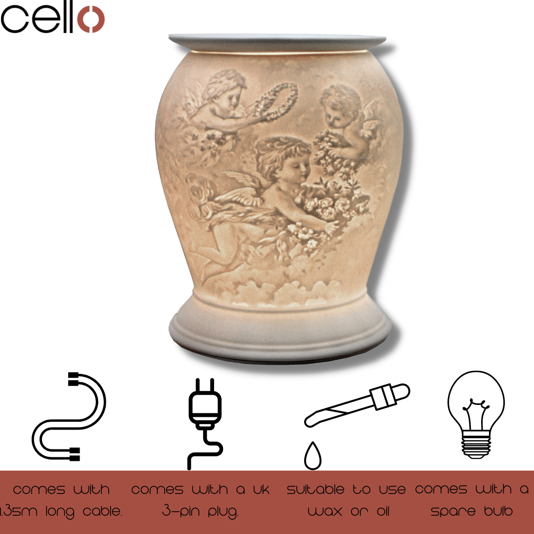 Cello Electric Wax Warmer - Porcelain Barrel Design with Cherub Decor for Home Fragrance & Aromatherapy - Perfect for Living Room, Bedroom, and Office Use