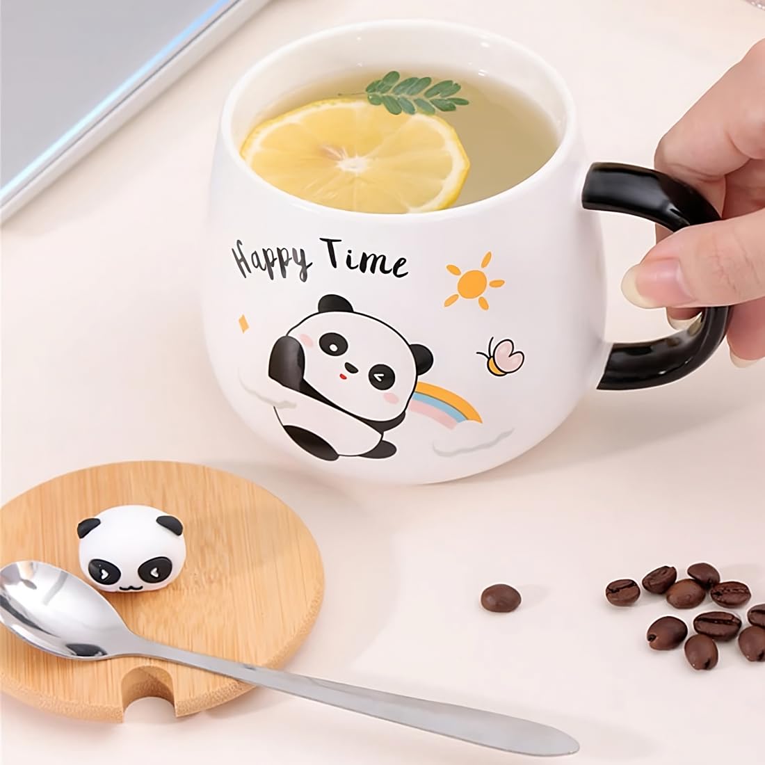 BonZeal 400ml Ceramic Panda Mug with Lid & Spoon - Cute Tea Coffee Cup for Kids, Birthday Christmas New Year Gifts for Boys Girls, Secret Santa Present - Perfect for Hot Drinks, Milk, School & Home Use