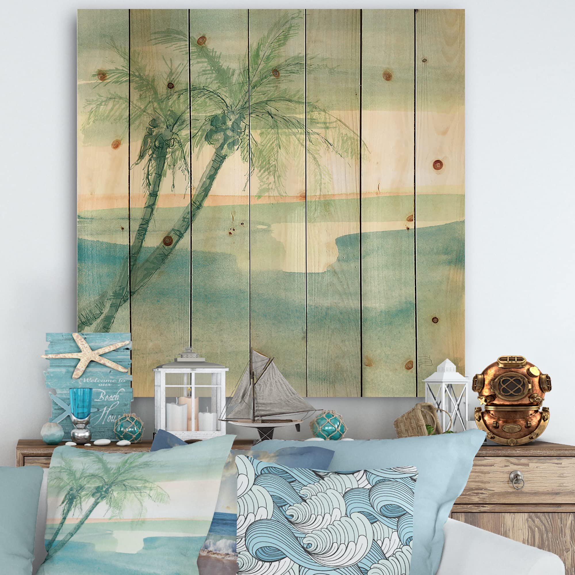 DesignQ Peaceful Dusk Tropical Wood Wall Art - Blue Beach Themed Pine Wood Wall Decor Panel - Large Natural Wood Wall Hanging for Coastal Living Room, Bedroom or Office Decoration