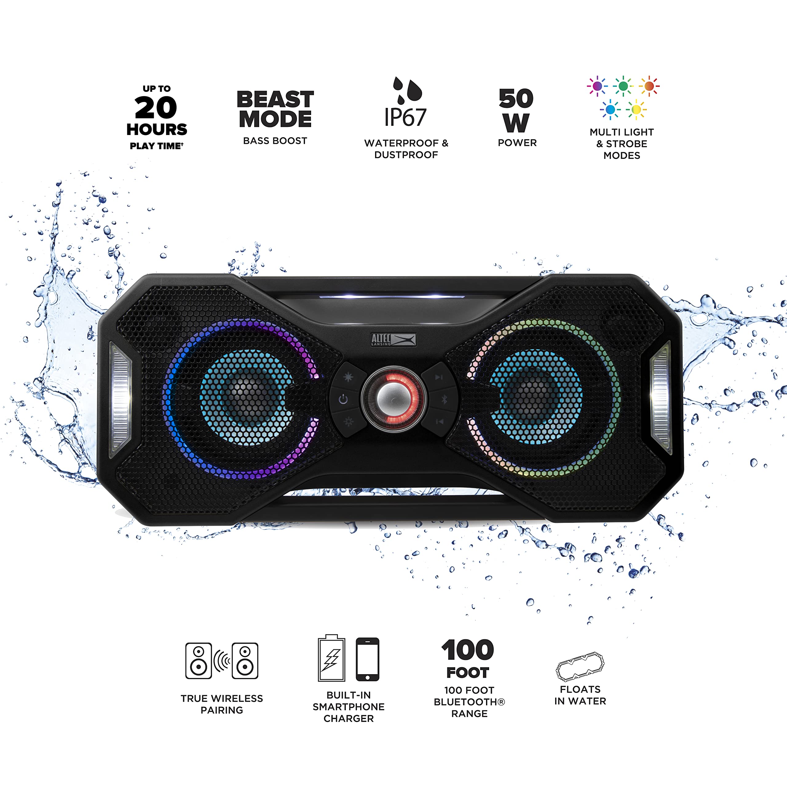 Altec Lansing Mix 2.0 Waterproof Bluetooth Speaker - Portable Wireless Speaker with Powerful Bass, 100ft Range & 20H Playtime for Outdoor, Travel, Beach, Pool Party & Camping - Black