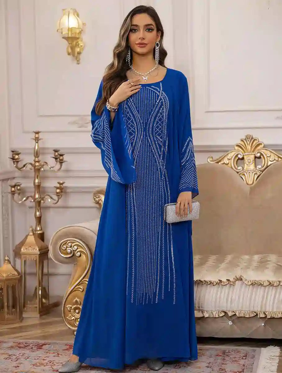 Elegant Hotfix Rhinestone Chiffon Caftan Dress for Women - Perfect for Eid Celebrations, Weddings & Special Occasions