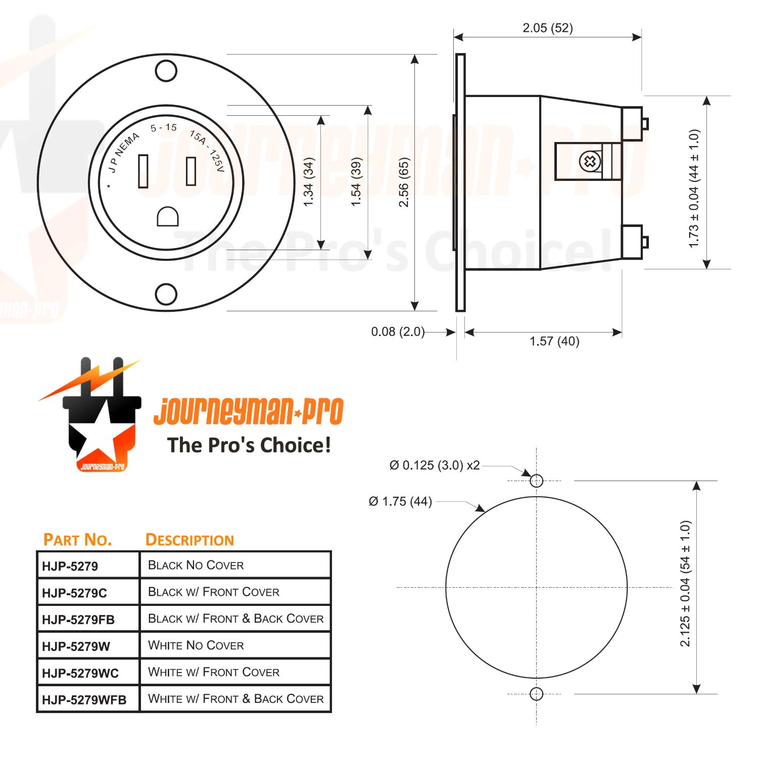 Journeyman-Pro 5279 15 Amp 125V NEMA 5-15 Flanged Outlet, White Commercial Grade Straight Blade Plug (10-Pack with Covers) - Ideal for Workshops, Garages and Industrial Power Distribution