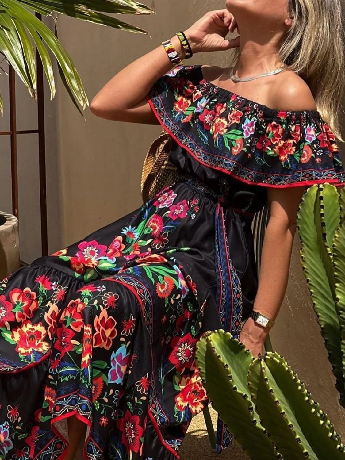Floral Off Shoulder Ruffle Maxi Dress for Women - Beach Wedding Resort Party Wear - Perfect for Summer Vacations, Tropical Getaways & Boho Photoshoots