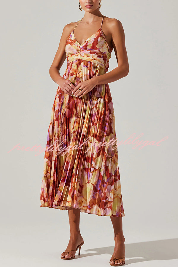 Floral Print Pleated Midi Dress with Back Tie Detail - Perfect for Wedding Parties, Bridal Showers & Summer Events