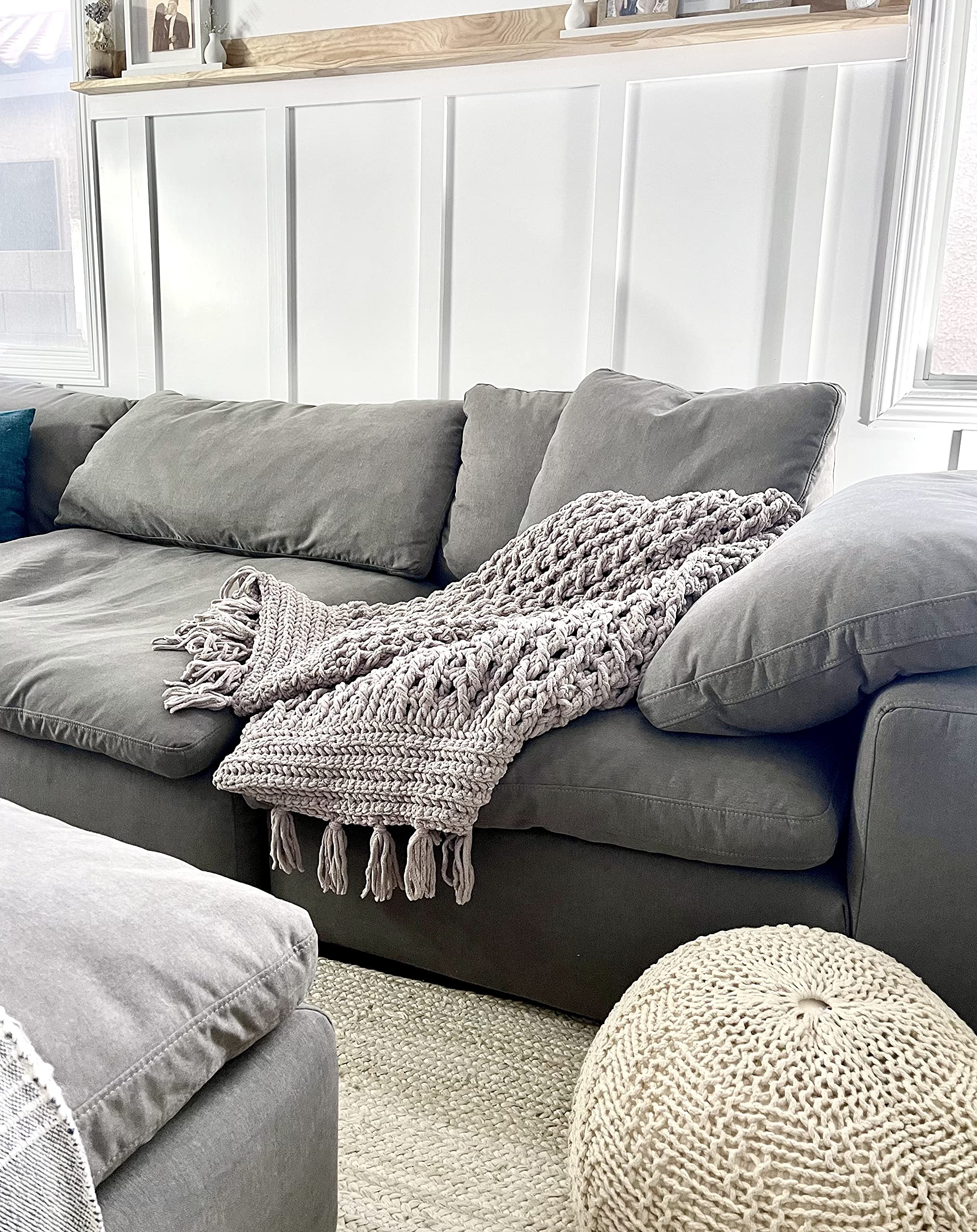 Handmade Crochet Blanket - Soft Thick Gray Rope Knit Throw Blanket for Sofa, Bed & Couch - Year Round Cozy Gift for Home Decor, Wedding & Baby Shower