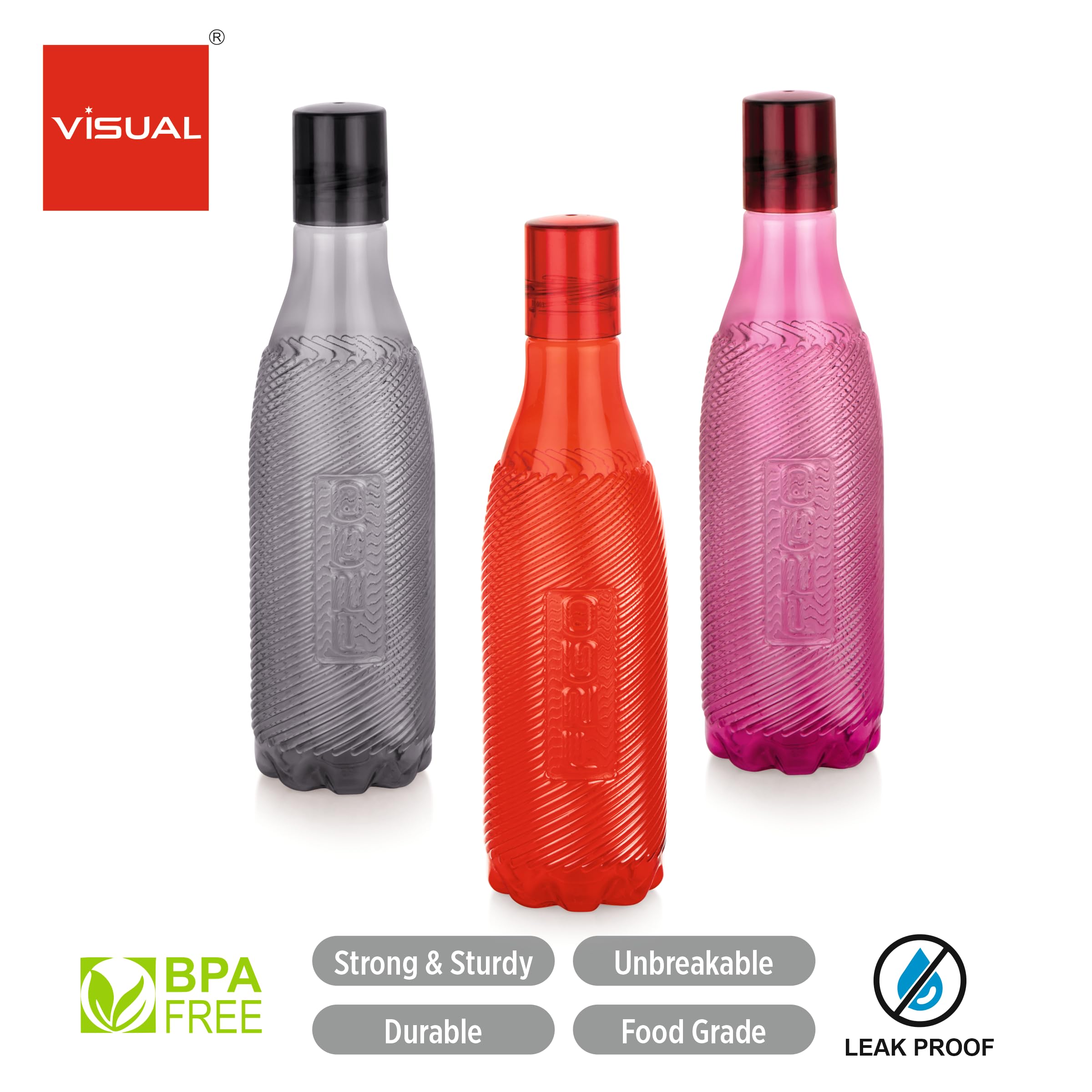 Visual Spiro Water Bottle 1000ml (34oz) - BPA Free, Unbreakable & Durable - Pack of 4 - Perfect for Gym, Office, Travel & Outdoor Activities - Stylish Grey Design