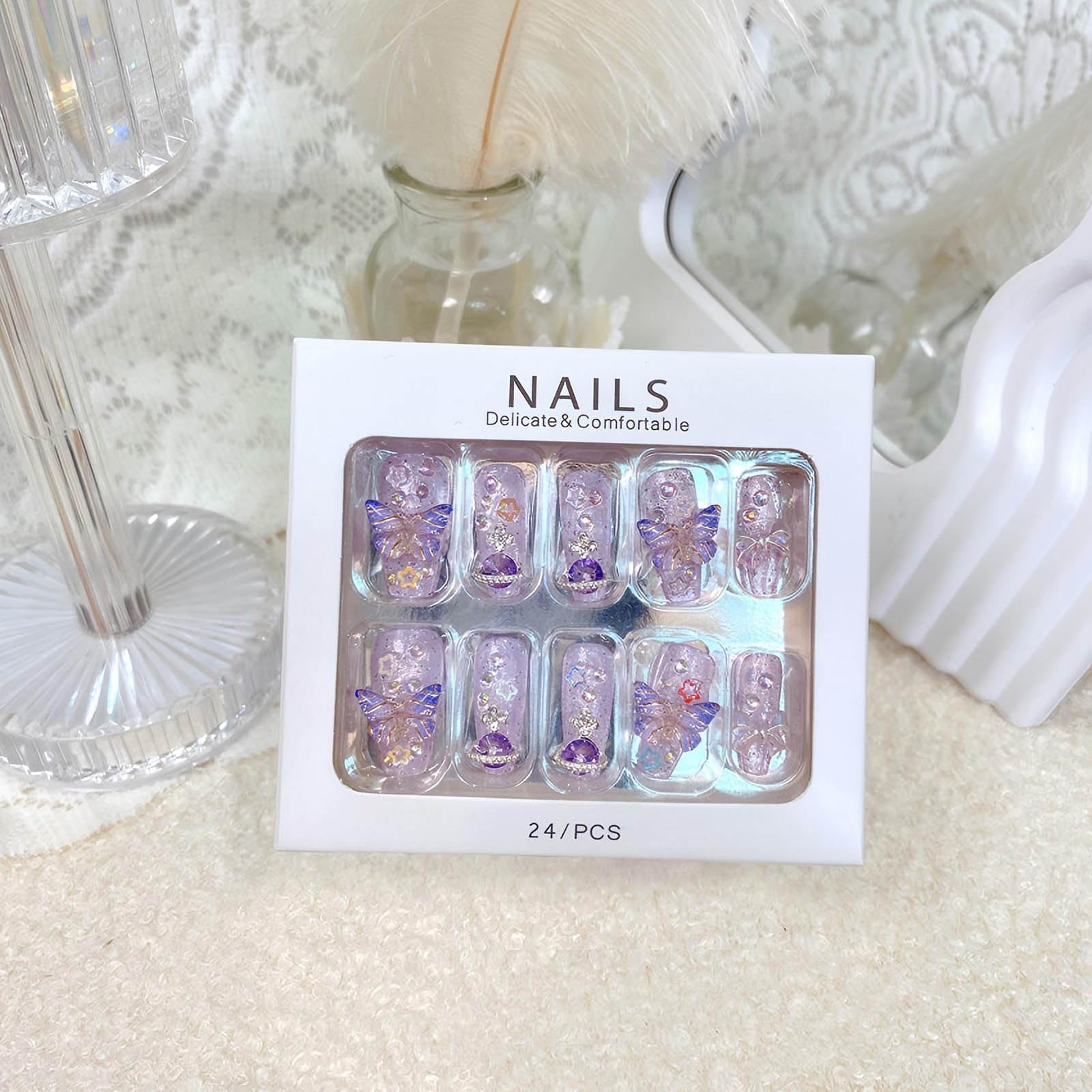 24Pcs Purple Coffin Press on Nails with Rhinestones & 3D Butterfly Charms - Glitter False Nails for Women | Natural Look, Easy Application | Perfect for Parties, Weddings & Special Occasions