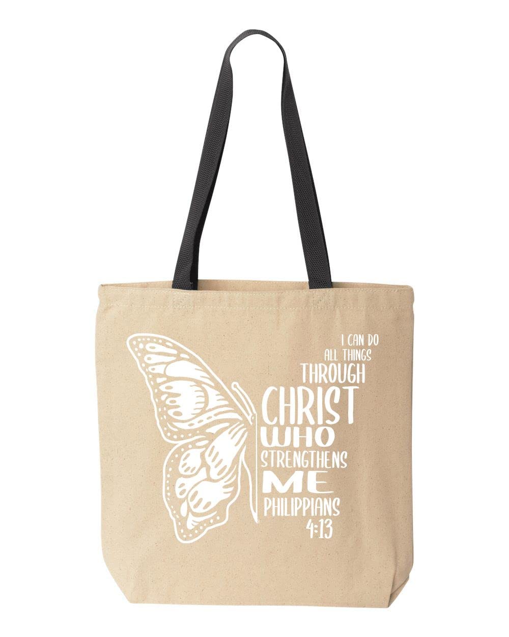 Philippians 4:13 Christian Tote Bag - Inspirational Bible Verse Canvas Shopping Bag with Butterfly Design, Reusable Eco-Friendly Grocery Bag (10oz) - Perfect for Church, Bible Study & Daily Use