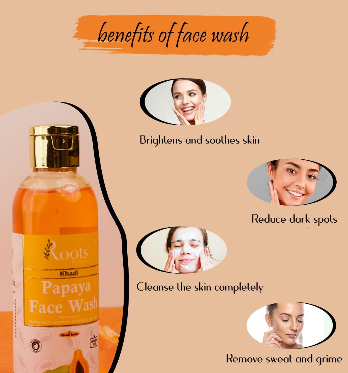 Roots Botanix Papaya Face Wash for Glowing Skin - Brightening & De-Tan Cleanser | Anti-Pollution & Pimple Control | Gentle Liquid Soap (200ml, Pack of 2) | Perfect for Daily Skincare Routine & Travel Essentials