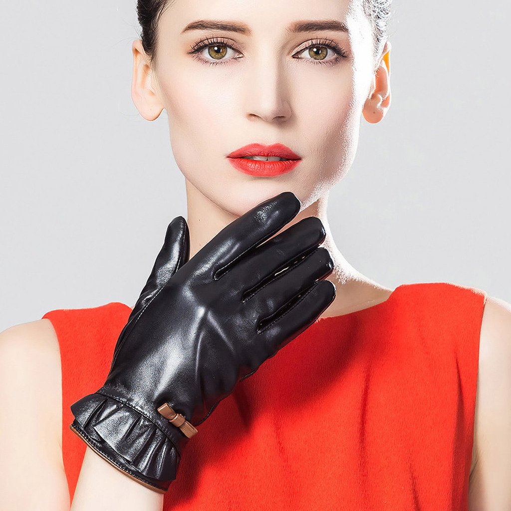 XOMO Women's Winter Warm Genuine Leather Gloves with Bowknot - Soft Touch, Windproof & Thermal Protection for Outdoor Activities, Driving, Skiing & Cold Weather Fashion
