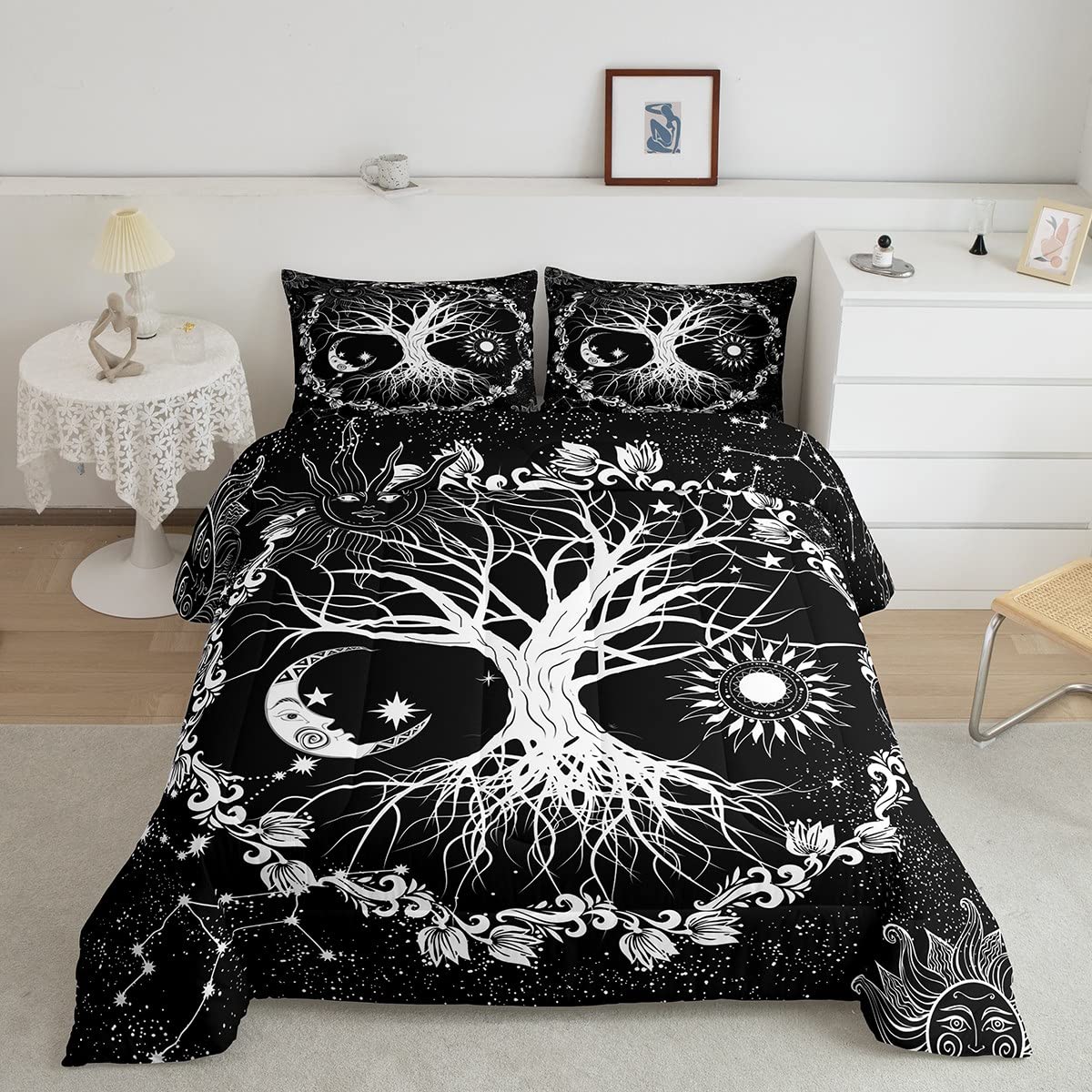 Tree of Life Boys Comforter Set Full Size - Sun and Moon Constellation Bedding Set for Kids & Teens - Black and White Floral Botanical Quilt with 2 Pillowcases - Perfect for Bedroom Decor, Dorm Room, and Cozy Sleepovers