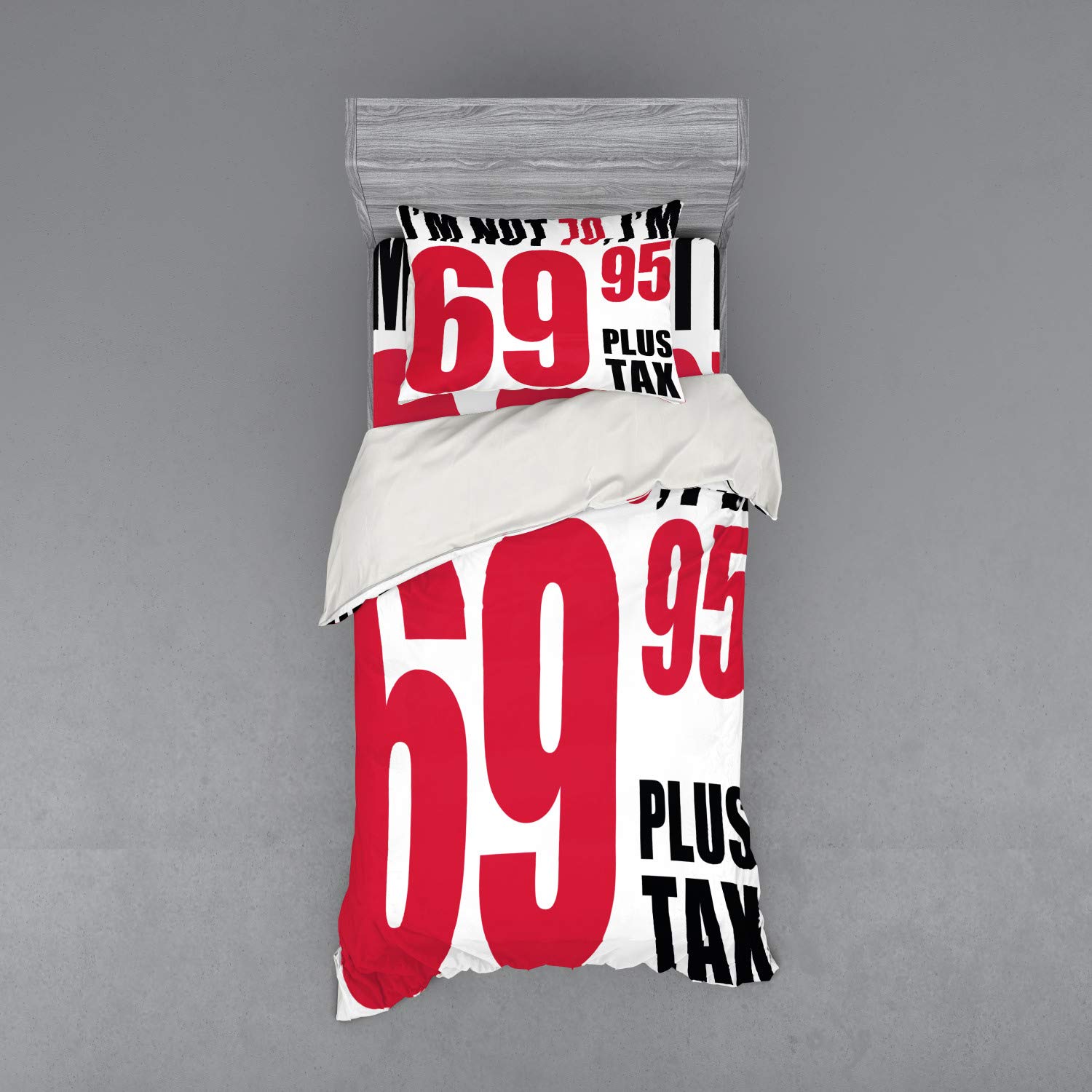Ambesonne 70th Birthday Duvet Cover Set - Funny '69 Plus Tax' Slogan for Senior Party - 3-Piece Twin XL Bedding with Sham & Fitted Sheet in Dark Coral Black & White - Perfect for Birthday Celebrations & Guest Room Decor