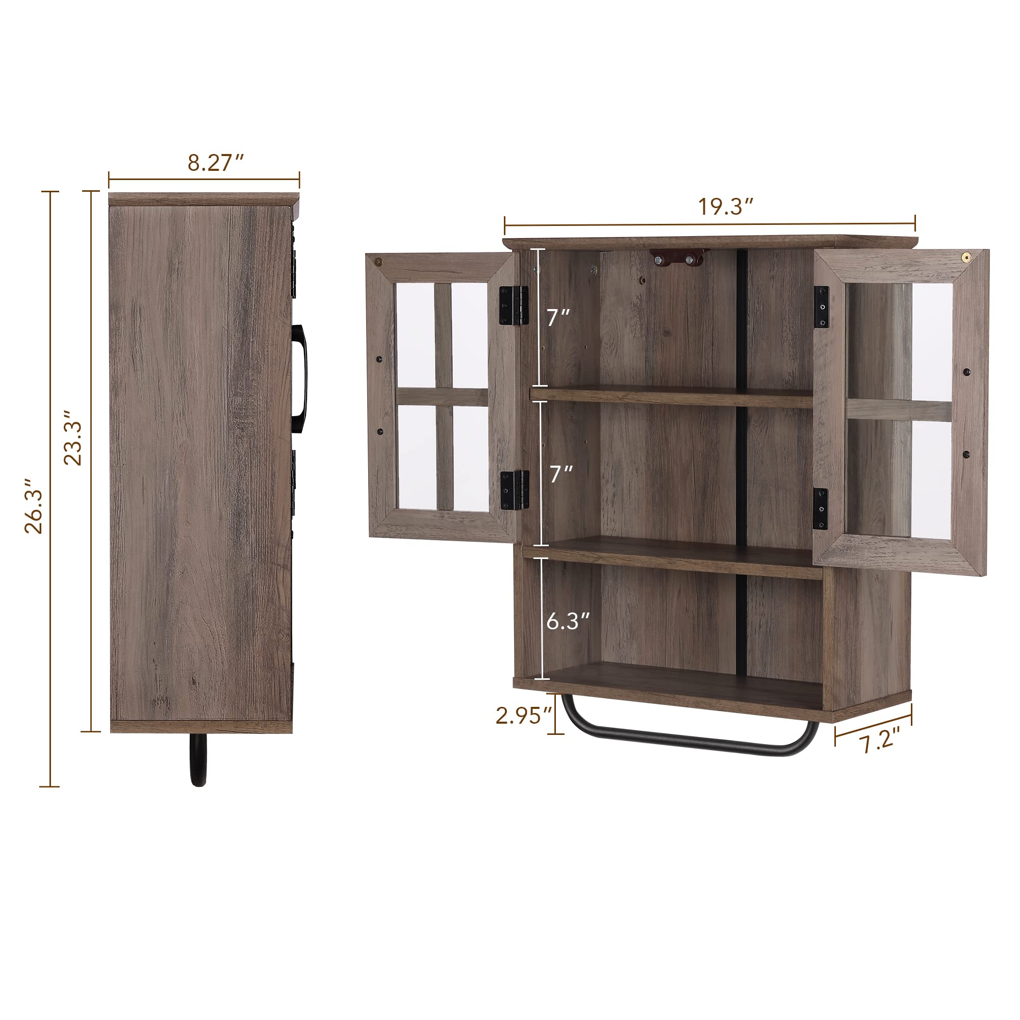 Rustic Wood Wall Storage Cabinet with Cross Glass Doors - Farmhouse Wall Mounted Bathroom Cabinet with 3 Adjustable Shelves & Towel Bar - Washed Oak Finish for Bathroom, Living Room & Kitchen Organization