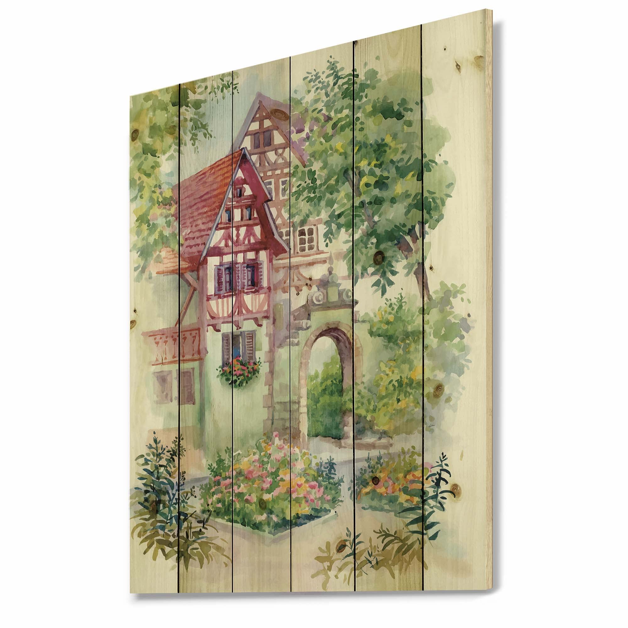 Rustic Red Country House Wood Wall Decor - Traditional Landscape Art on Natural Pine Wood - Large Wooden Wall Panels for Living Room, Bedroom & Farmhouse Decor