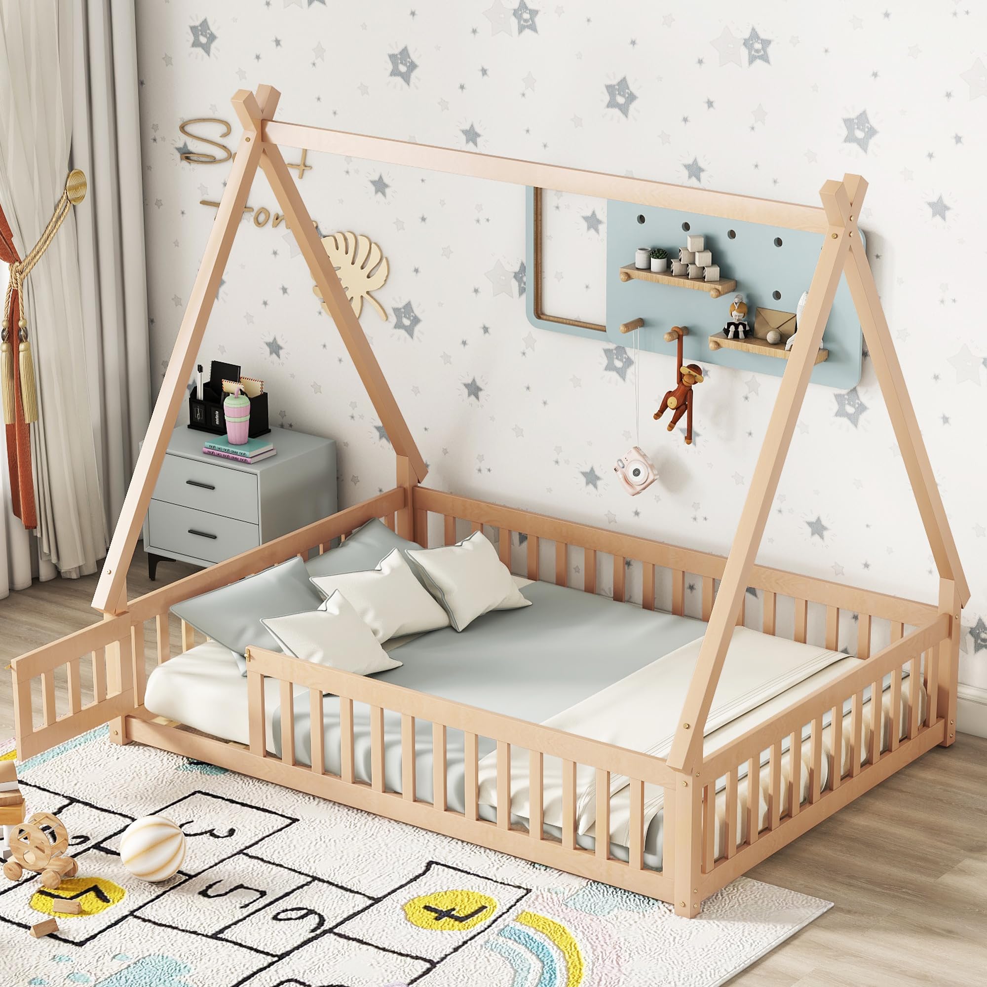 Montessori Full Size Wooden Floor Bed for Kids - Teepee Tent Bed with Door & Guardrails, Solid Slats - Natural Wood Toddler Bed for Boys & Girls - Perfect for Playrooms, Bedrooms & Montessori Learning Spaces