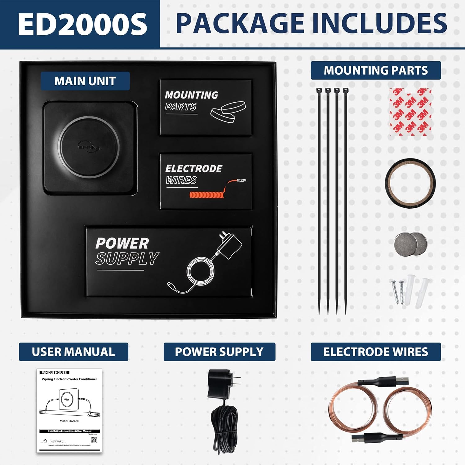 iSpring ED2000S Whole House Water Softener System - Salt-Free Hard Water Conditioner & Descaler with LED Indicator & Magnetic Technology - Prevents Limescale & Rust - Ideal for Homes, RV, Boats & Appliances