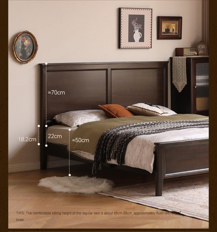 Solid Poplar Wood Bed - Modern American Retro High Back Bed Frame for Bedroom, Guest Room & Master Suite