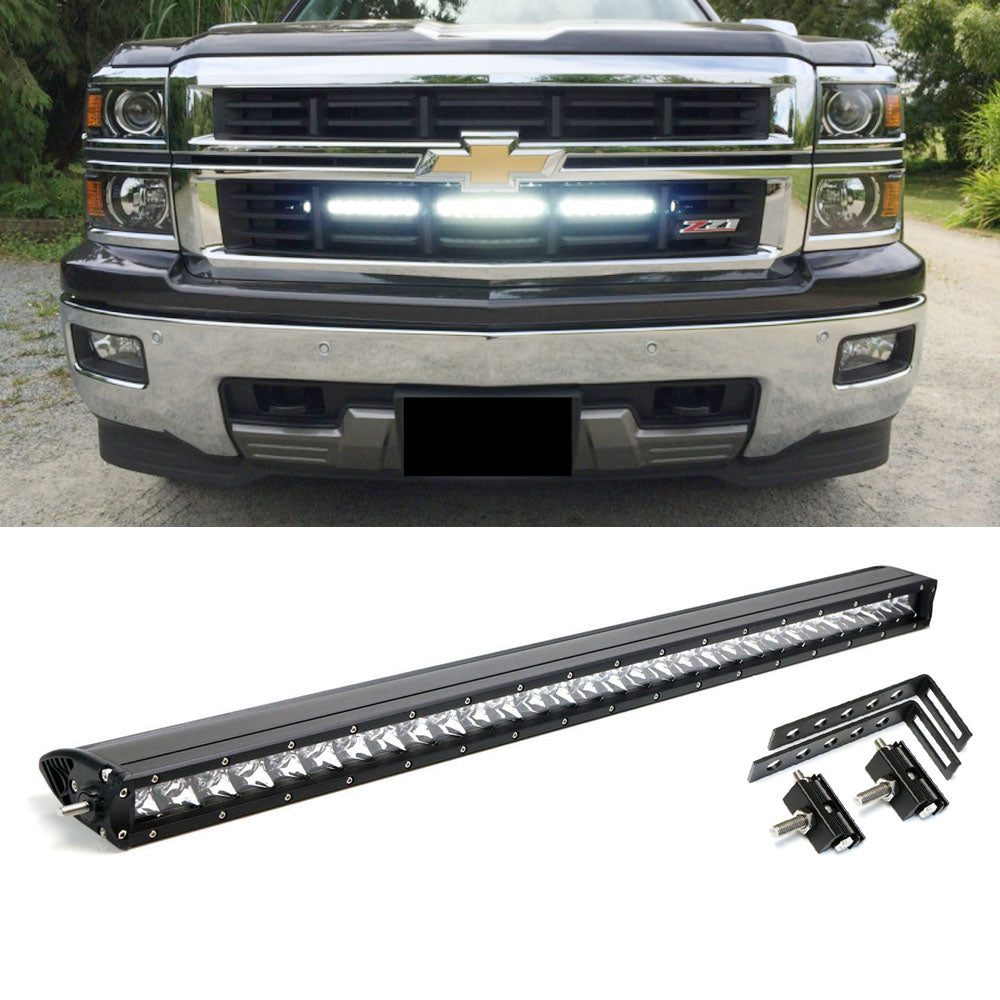 150W 30-Inch CREE LED Light Bar with Behind Grille Mounting Bracket & Wiring Harness - Compatible with Chevy Silverado 1500/2500/3500 - Perfect for Off-Roading, Hunting, and Night Driving