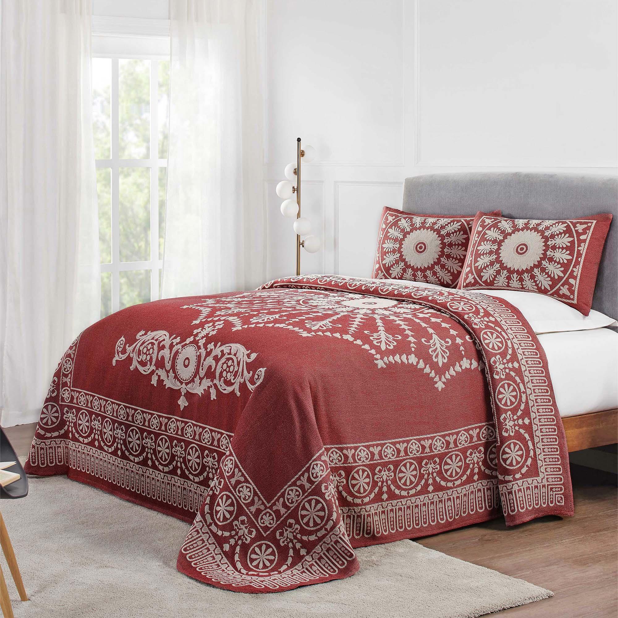 Kymbal Cotton Blend Woven Medallion Jacquard Bedspread Set - Queen Size Luxury Bedding for Master Bedroom & Guest Room Decor