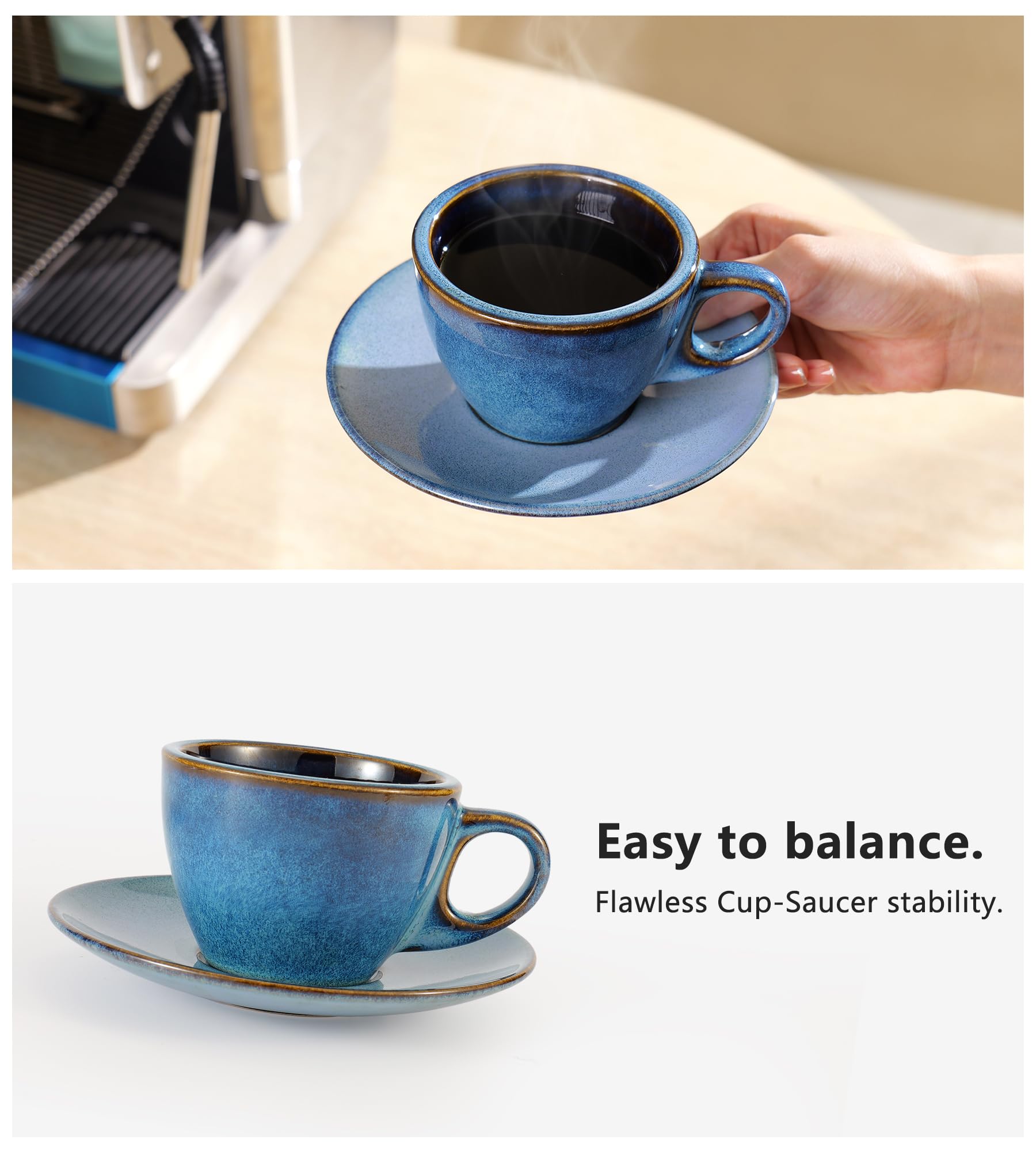 8 Oz Cappuccino Cups Set of 4 - Thick-Walled Insulated Ceramic Coffee Mugs with Saucers & Stand - Porcelain Tea, Latte & Espresso Cups - Perfect for Home Kitchen, Cafe or Office Use - Elegant Blue Design