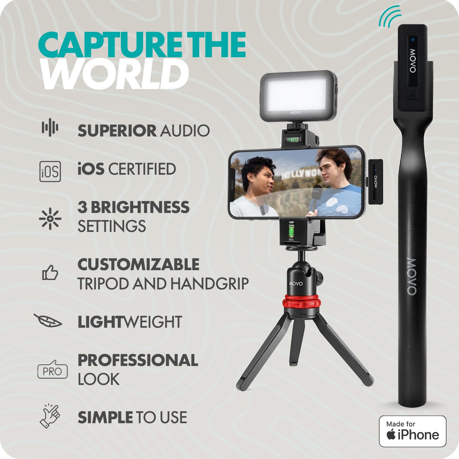 MOVO iVlogger Wireless Vlogging Kit for iPhone - Dual Lavalier Microphones, Tripod, Phone Mount, LED Light & Remote | Complete YouTube Starter Kit for Content Creators, Travel Vlogging, Live Streaming & Social Media Videos