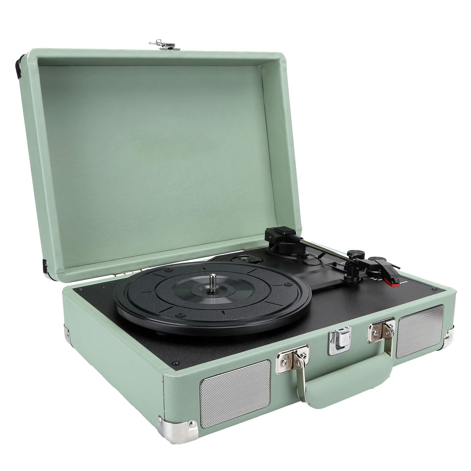 Vintage Green Vinyl Record Player - Portable Bluetooth Suitcase Phonograph Turntable with Stereo Speakers, 33/45/78 RPM - Perfect for Home, Office & Outdoor Music Listening