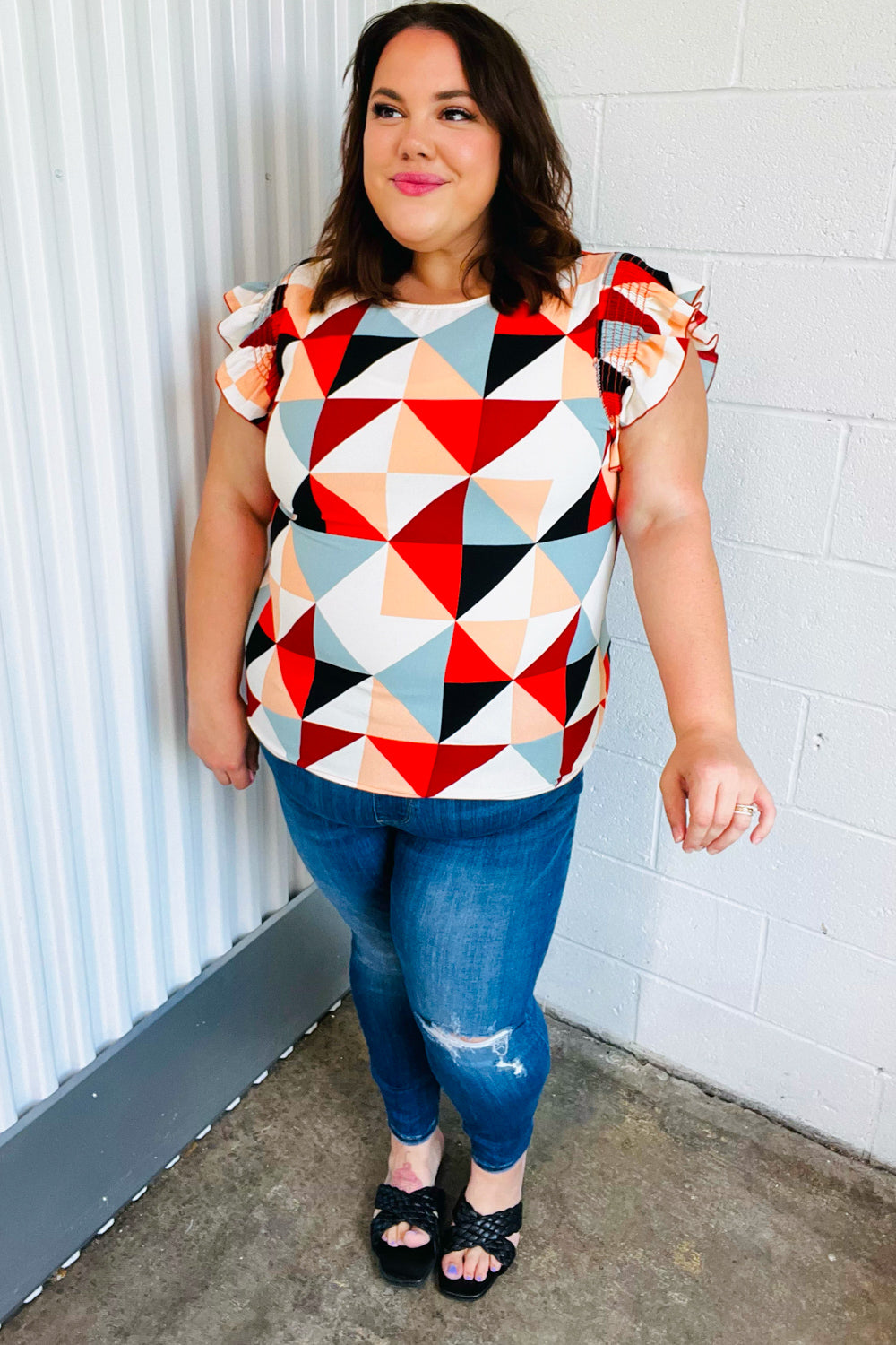 Stylish Burnt Orange Geo Print Smocked Ruffle Sleeve Blouse for Women | Trendy Casual & Party Wear | Perfect for Date Nights, Office Outfits & Summer Fashion