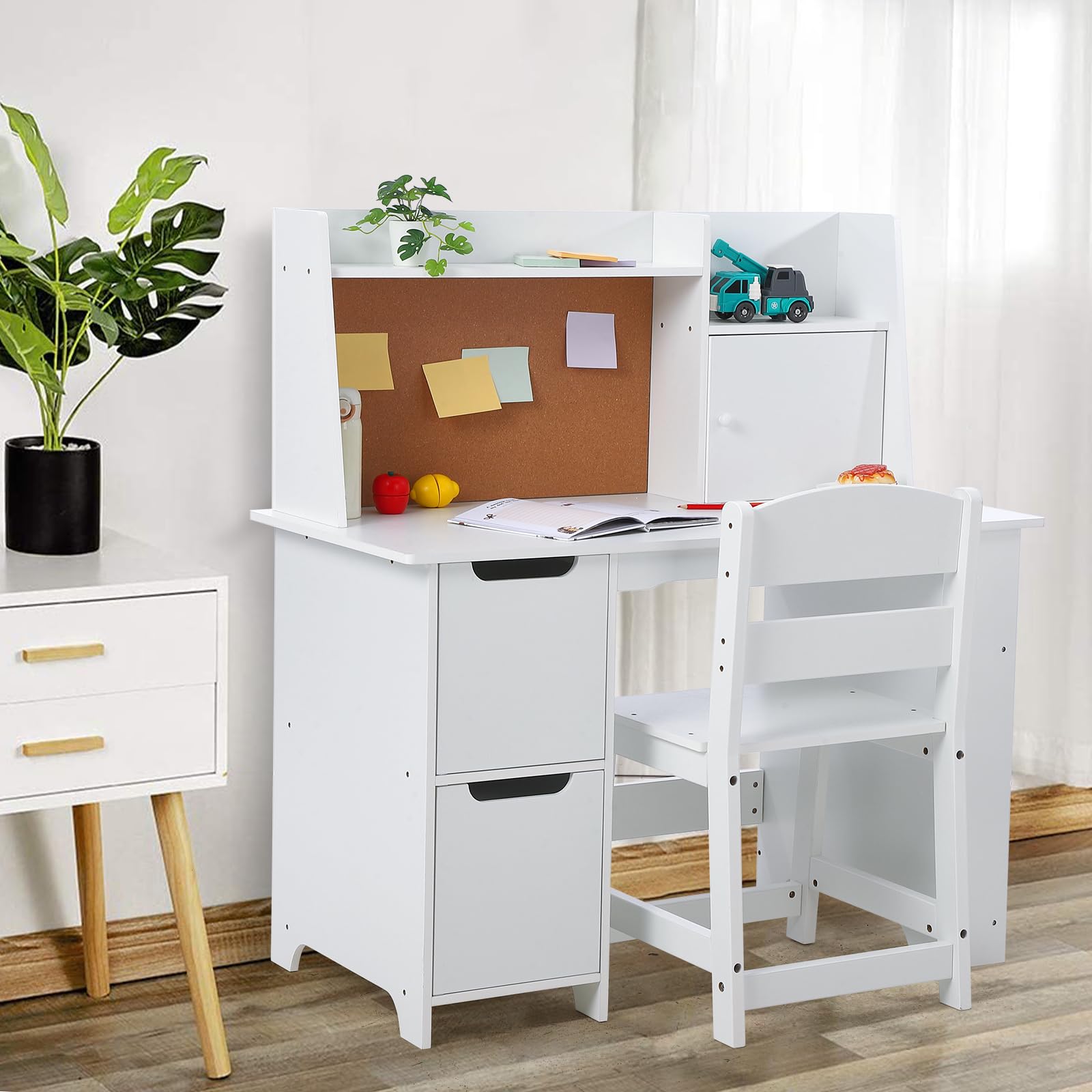 Kids Study Desk and Chair Set with Storage - White Learning Table with Bookshelf & Cabinets for Boys & Girls Ages 3-8 | Perfect for Homeschooling, Online Classes & Homework Organization in Bedroom or Playroom