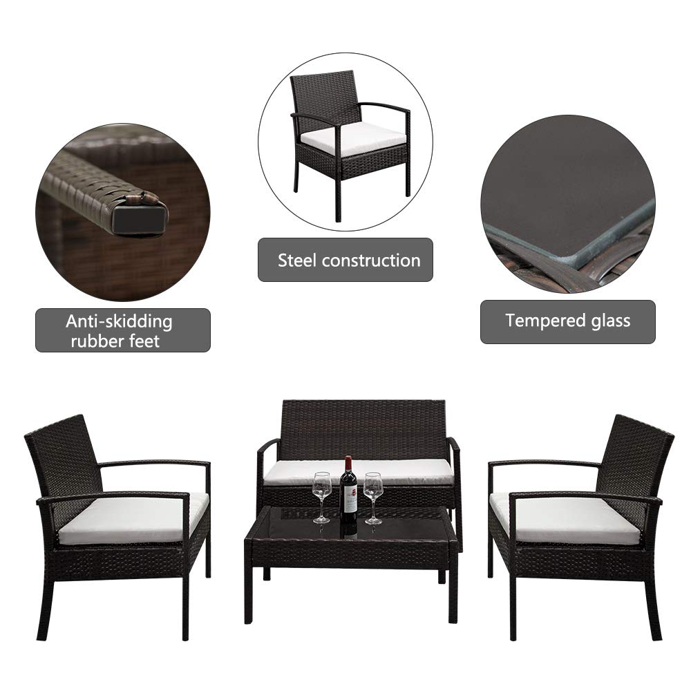 4-Piece All-Weather Outdoor Patio Rattan Furniture Set with 1 Double Seat, 2 Single Chairs & 1 Tempered Glass Coffee Table - Perfect for Garden, Backyard, Poolside or Balcony Relaxation