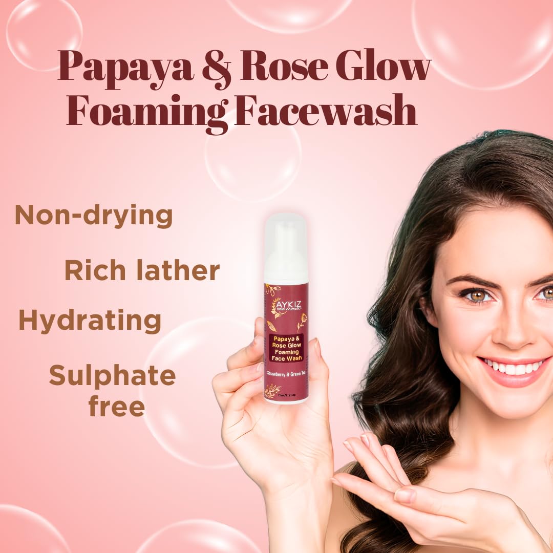 AYKIZ Papaya & Rose Glow Foaming Face Wash - Brightening & Hydrating Cleanser for Glowing Skin | Gentle Exfoliation, Oil Control & Pore Refining | Perfect for Morning & Night Skincare Routine