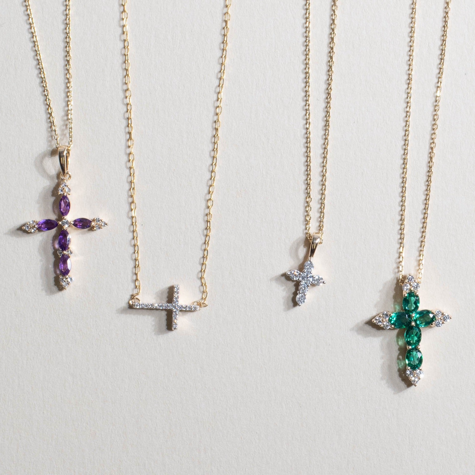 10k Yellow Gold Emerald and White Sapphire Cross Pendant Necklace for Women - Elegant Religious Jewelry Gift for Baptism, First Communion & Everyday Wear