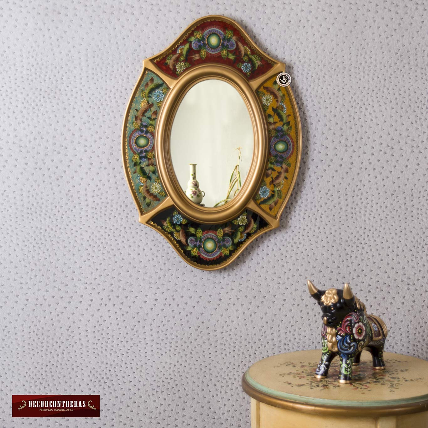 Handpainted Gold Wood Frame Oval Wall Mirror - Peruvian Ornate Decorative Accent Mirror for Living Room, Bedroom & Entryway Decor