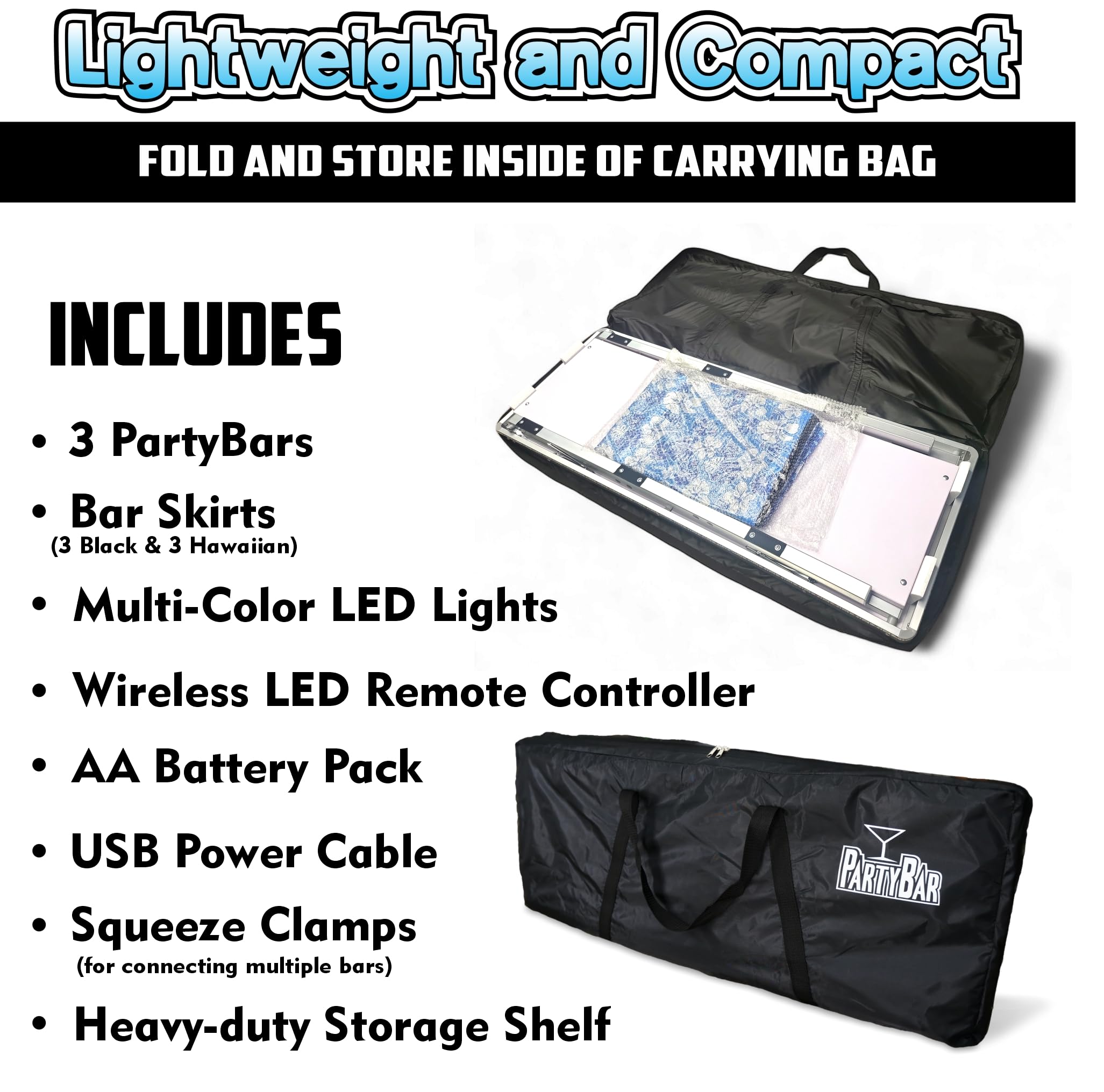 PARTYPONG Folding Portable Triple Bar with LED Lights - Wireless Remote Control, 2 Bar Skirts, Storage Shelf & Carrying Case - White | Perfect for Home Parties, Outdoor Events & Tailgating